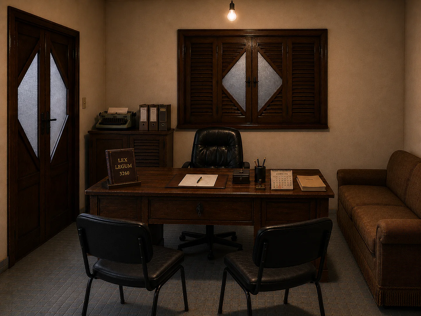 O primeiro escritório, uma garagem simples iluminada por uma única lâmpada