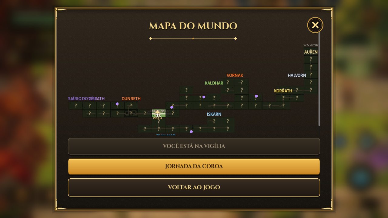 Captura do jogo: o mapa do mundo, com as regiões dos cinco tiers.
