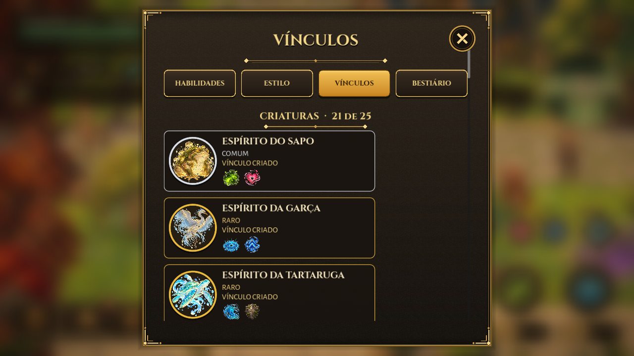 Captura do jogo: a folha dos vínculos, com os espíritos das criaturas libertadas.