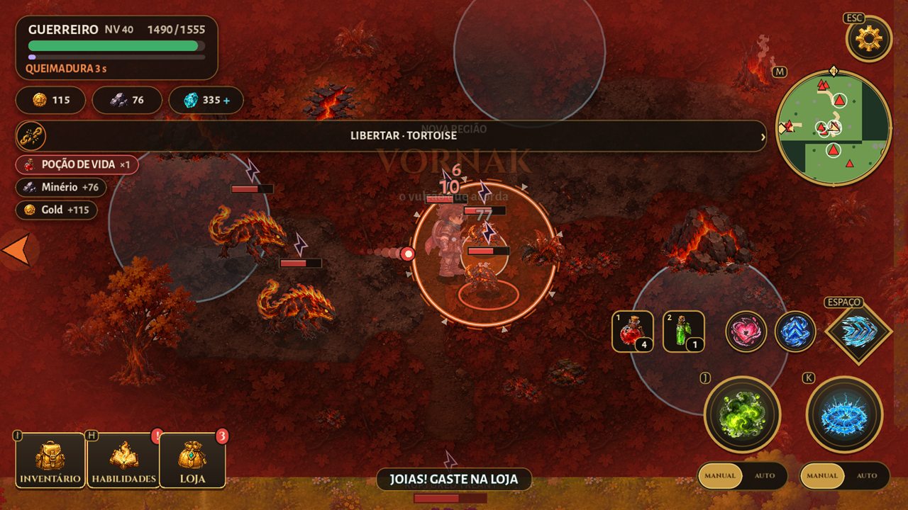 Captura do jogo: o Guerreiro no chão vermelho de Vornak, cercado por salamandras de magma.